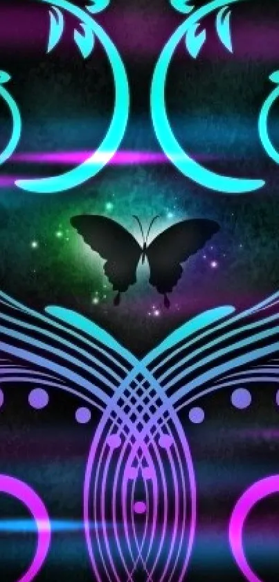 Colorful butterfly wallpaper with elegant neon swirls.