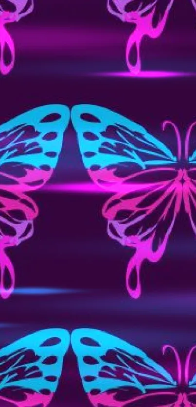 Neon butterfly pattern on dark purple wallpaper background.