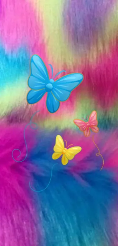 Colorful wallpaper with butterflies on a vibrant, textured background.