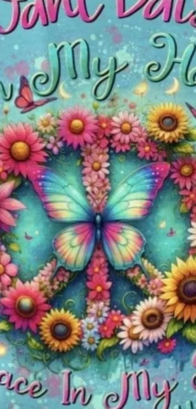 Colorful butterfly with flowers and peace sign