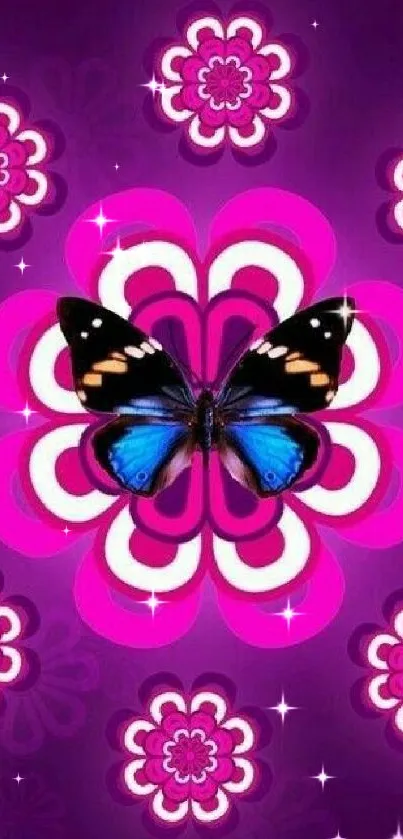 Vibrant butterfly on purple floral wallpaper.