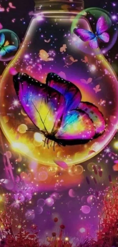 Vibrant butterfly in light bulb with colorful magical scenery.