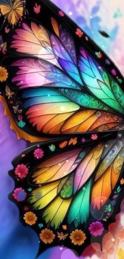 Colorful butterfly wallpaper with floral accents and vibrant wings.