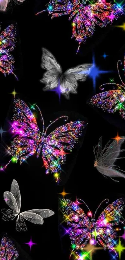 Vibrant butterflies with glittery colors on a dark background wallpaper.