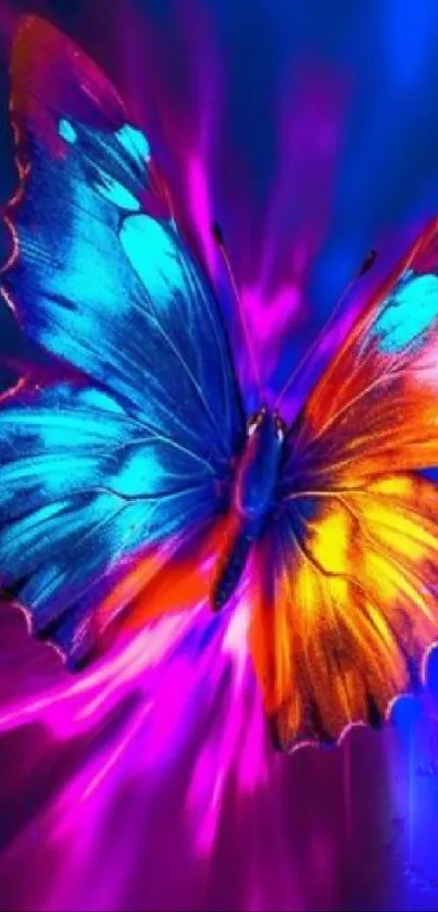 Vibrant neon butterfly wallpaper with blue and orange hues.