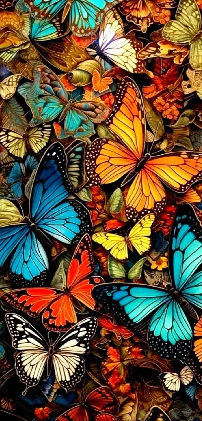 Vibrant mobile wallpaper with colorful butterflies in orange, blue, and white.