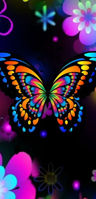 Vibrant butterfly and neon flowers on a black background.