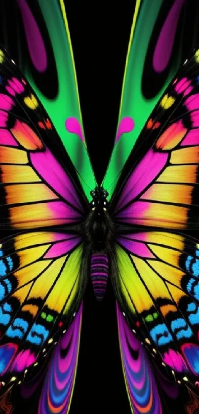 Vibrant rainbow-colored butterfly mobile wallpaper on a black background.