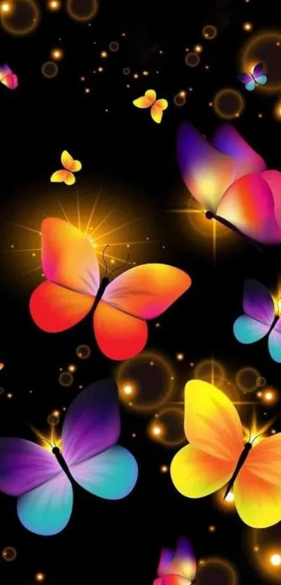 Vibrant butterflies in luminous colors on black background wallpaper.