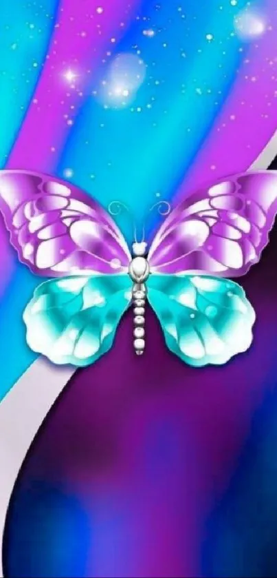 Vibrant purple and teal butterfly on cosmic mobile wallpaper.