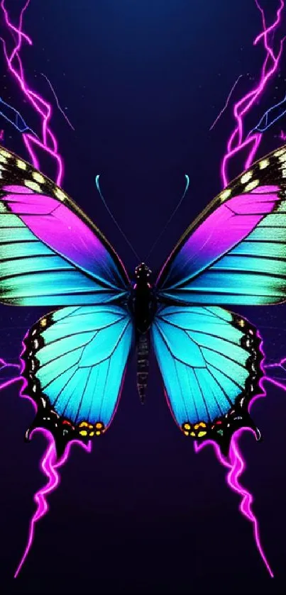 Vibrant neon butterfly with electric purple lightning.