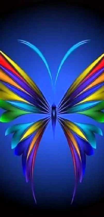 Vibrant butterfly with colorful wings on a blue background.