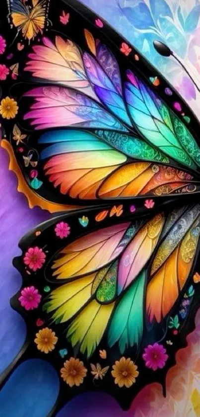 Vibrant butterfly with colorful wings and floral accents.