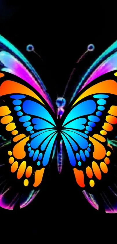 A vibrant neon butterfly with colorful wings on a dark background.