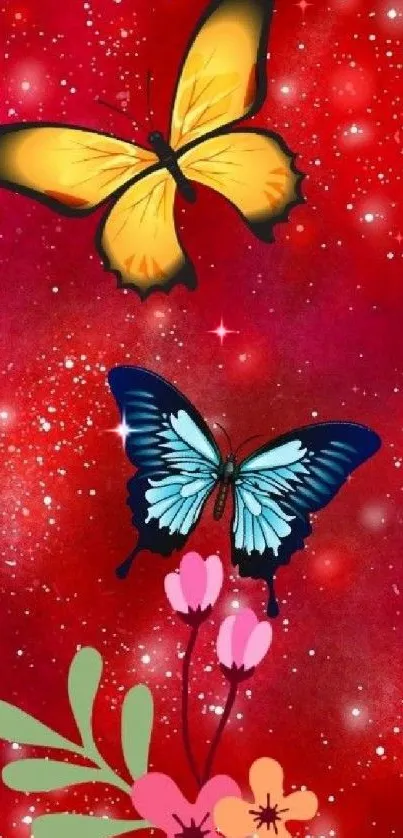 Colorful butterflies on a red background wallpaper for mobile.