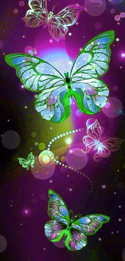 Colorful, vibrant butterflies on a purple background.