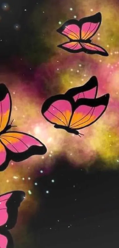 Vibrant pink butterflies on black background with mystical smoke design.