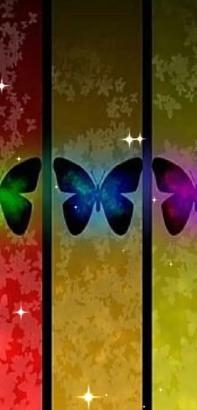 Colorful butterfly wallpaper with vibrant red, green, and yellow hues.