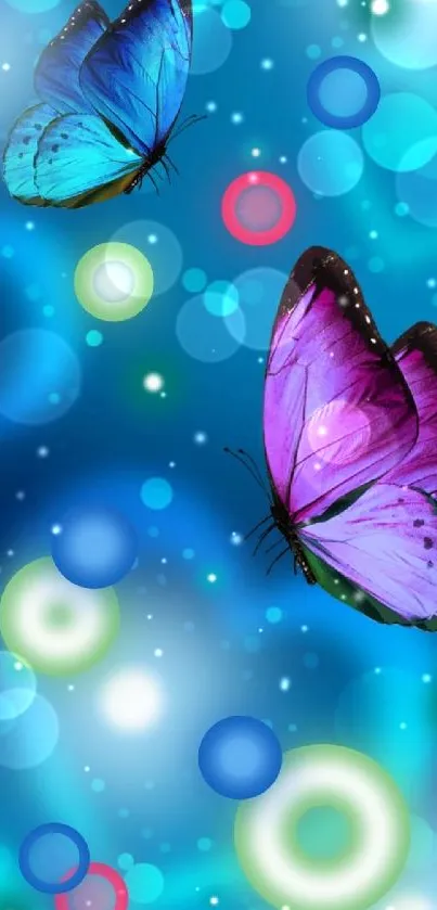 Colorful butterfly wallpaper with blue and purple elements.