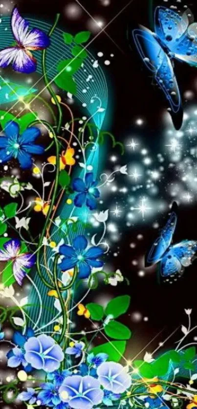 Vibrant wallpaper with butterflies and flowers on a dark background