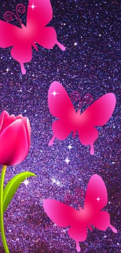 Pink butterflies and tulip on a starry night sky background mobile wallpaper.