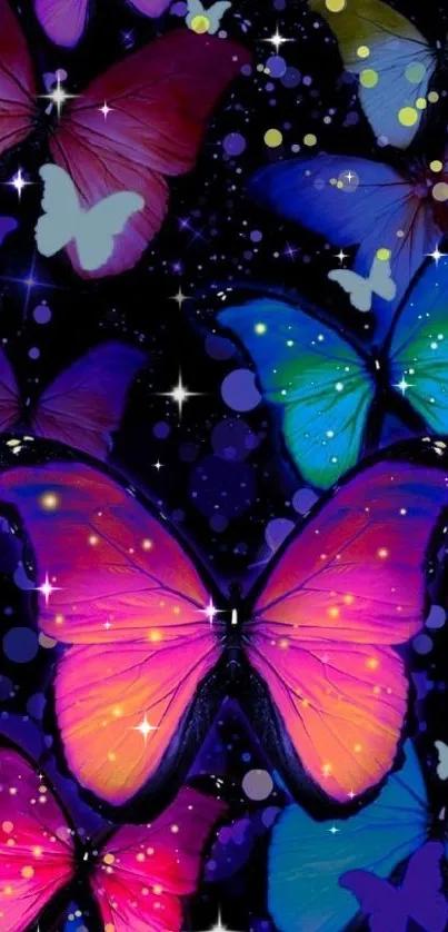 Neon butterfly wallpaper with dark background and vibrant colors.