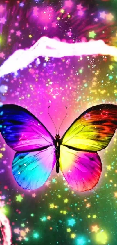 Vibrant rainbow butterfly with colorful stars.