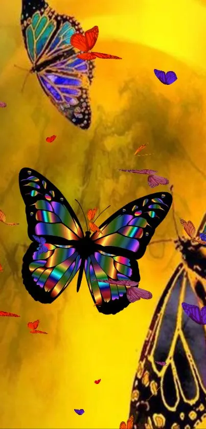 Colorful butterflies on a yellow background with artistic design.