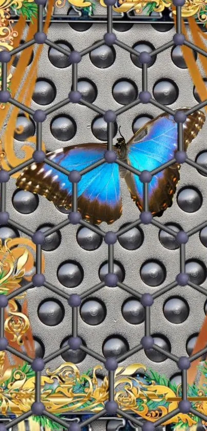 Vibrant butterfly with blue wings on golden textured background.