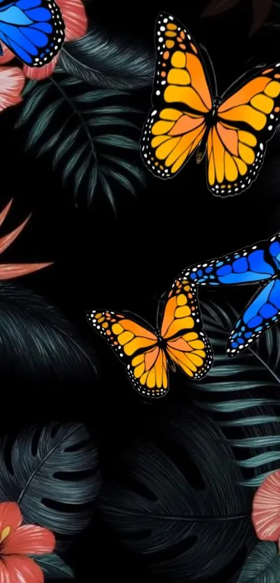 Vibrant orange and blue butterflies with tropical plants on a dark background.