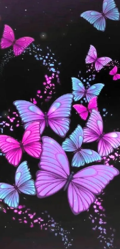 Vibrant pink and blue butterflies on a black background mobile wallpaper.