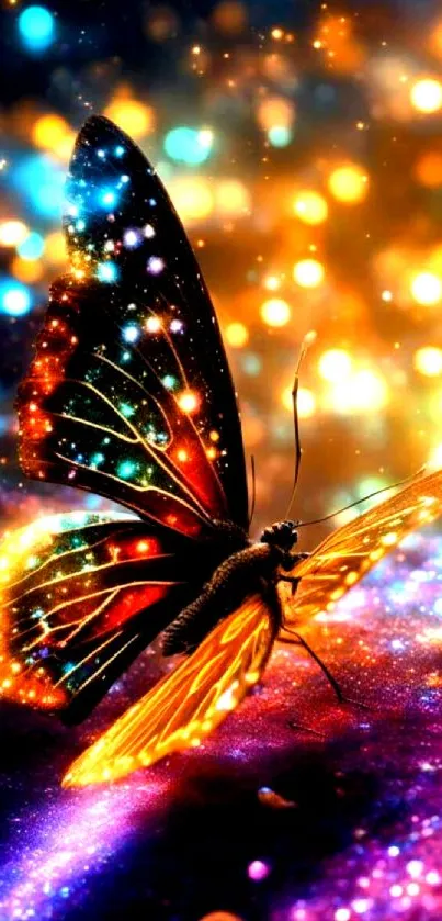 Vibrant butterfly illuminated by multicolored lights against a glowing night background.