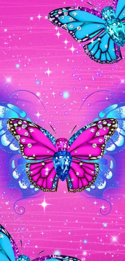 Vibrant pink and blue butterfly wallpaper with sparkling gem accents.