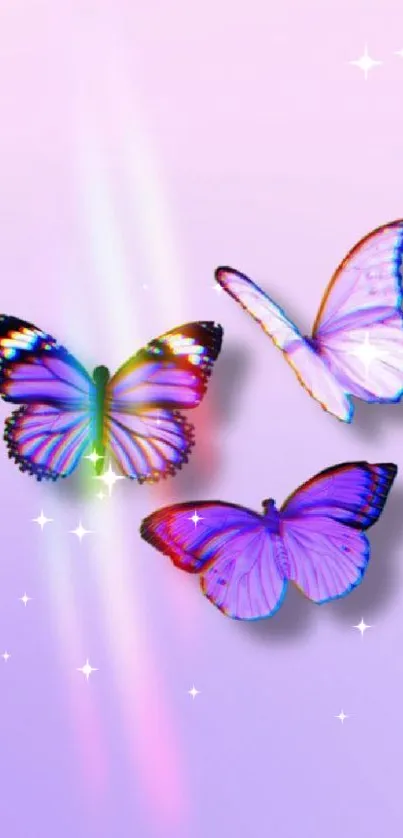 Three vibrant butterflies on a pastel pink and purple gradient background.