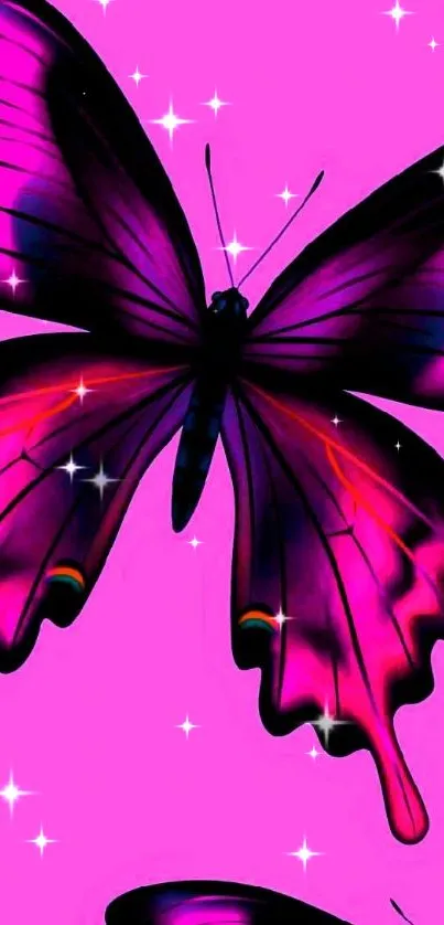 Vibrant magenta butterfly on phone wallpaper.