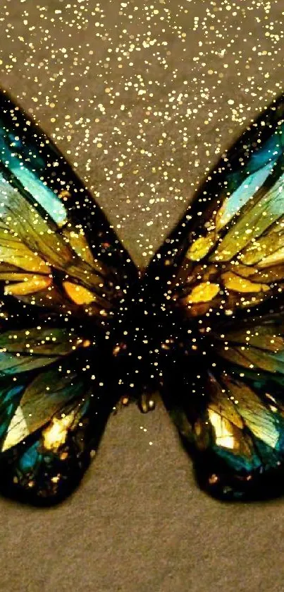Vibrant butterfly with blue and gold wings on a textured background.