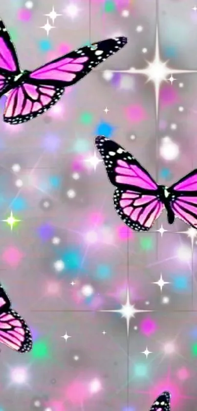 Pink butterflies flutter on colorful, dreamy wallpaper.