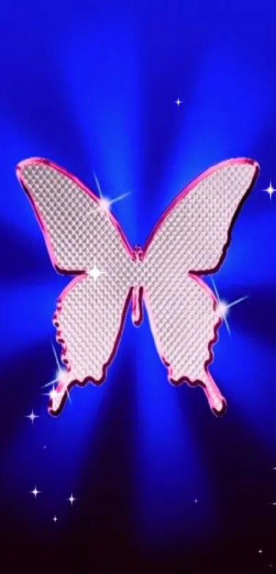 Vibrant blue butterfly wallpaper with pink accents.