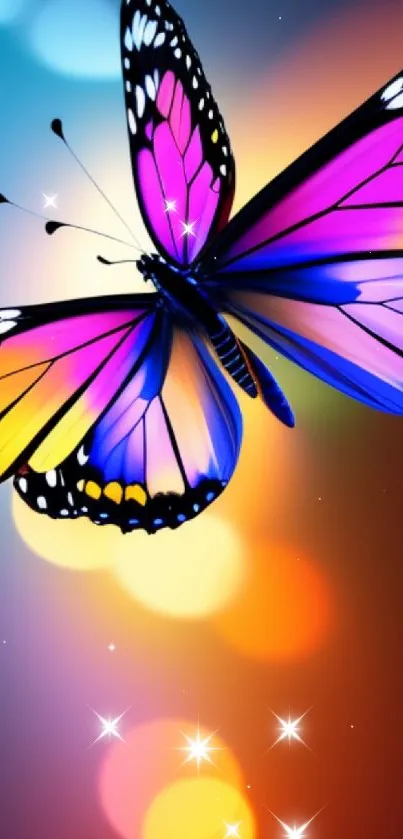 Colorful butterfly with vibrant wings and glowing bokeh background.