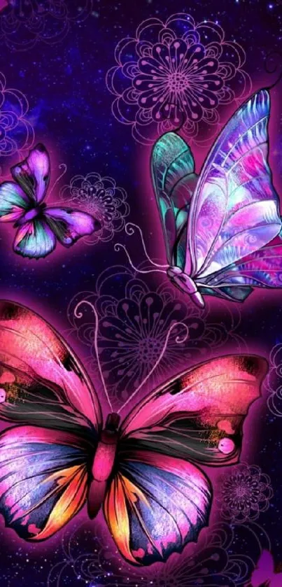 Vibrant neon butterfly wallpaper with floral patterns.