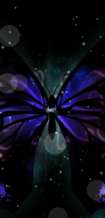 Ethereal butterfly with purple and blue hues on a dark background wallpaper.