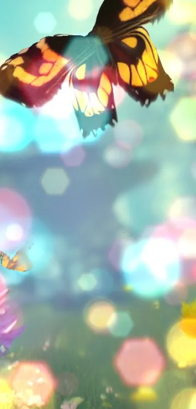 Vibrant butterfly on a bokeh-filled, colorful nature wallpaper.