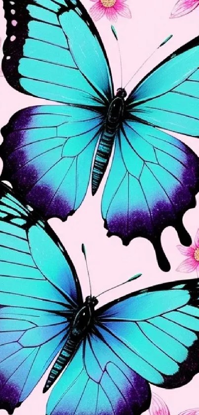 Blue butterflies with pink flowers wallpaper design.