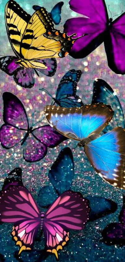 Colorful butterflies on a glitter background mobile wallpaper.