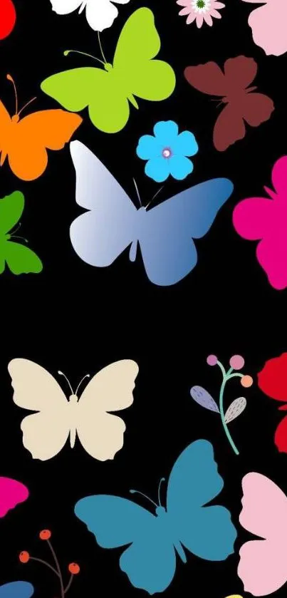 Colorful butterfly design on a black background, perfect for a mobile wallpaper.