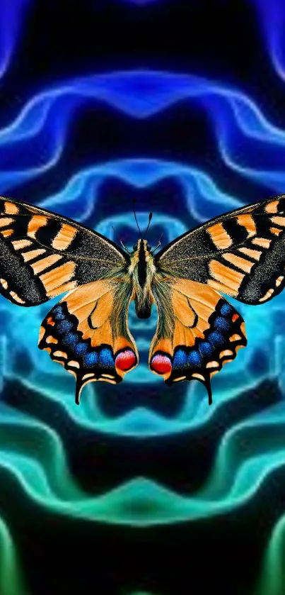 Vibrant butterfly on a colorful abstract background for phone wallpaper.