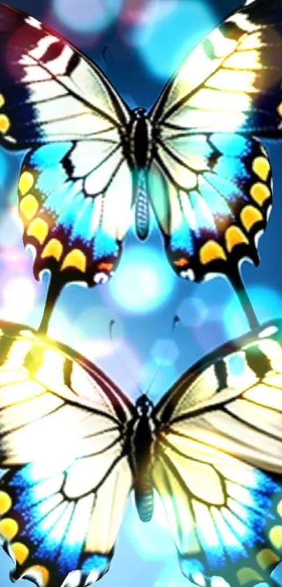 Colorful butterflies with bokeh background in a vibrant mobile wallpaper.