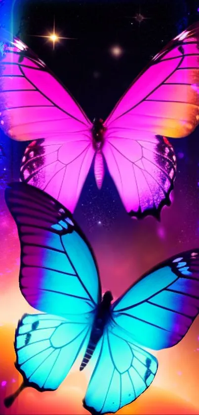 Colorful pink and blue butterfly wallpaper with cosmic background.