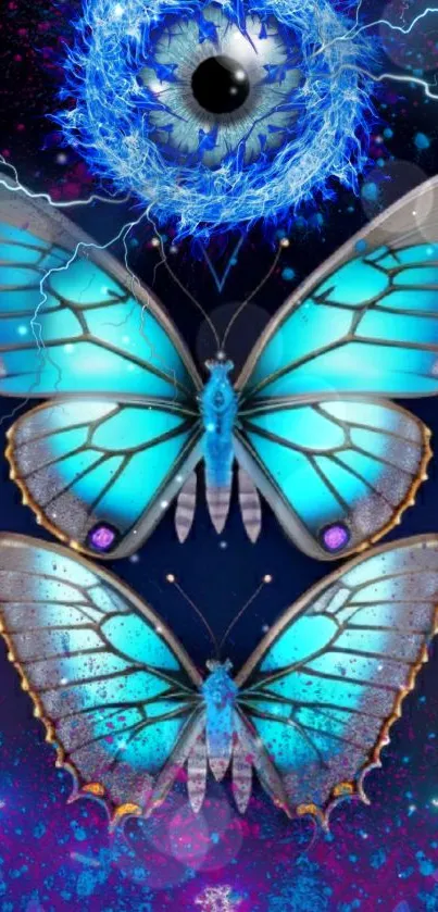 Vibrant neon butterfly mobile wallpaper with glowing blue tones.