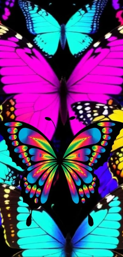 Vibrant wallpaper featuring colorful neon butterflies on a black background.